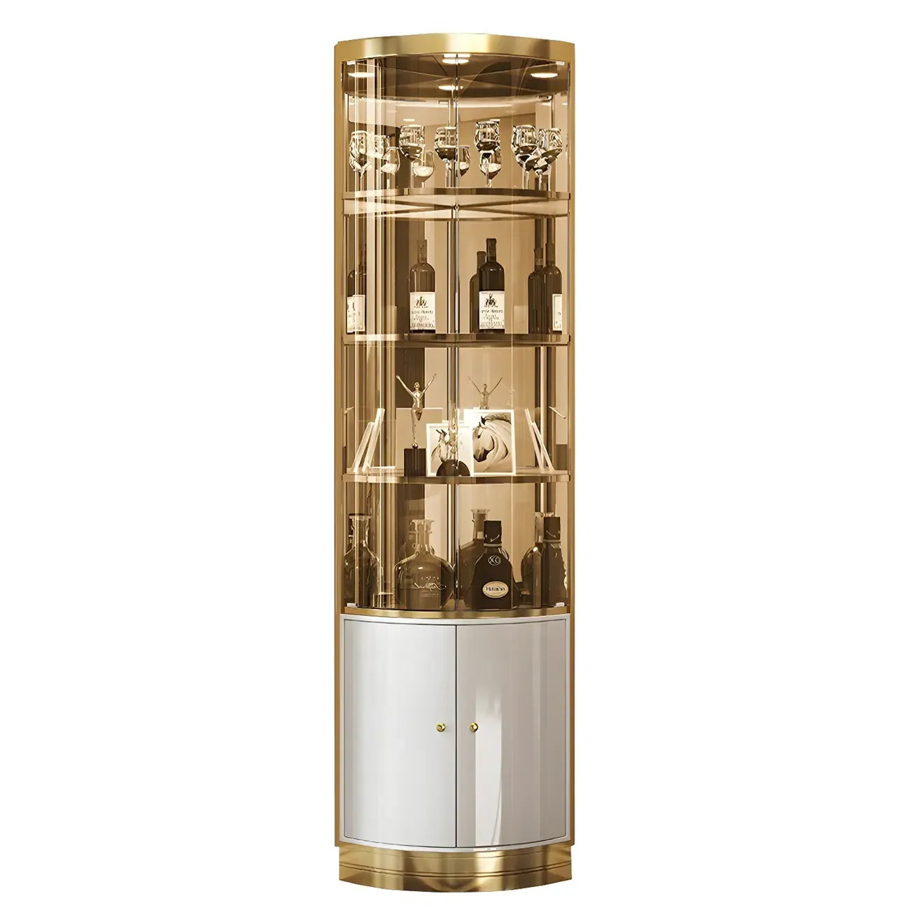 Glam Glossy Glass Gold Metal Rounded Display Corner Cabinet