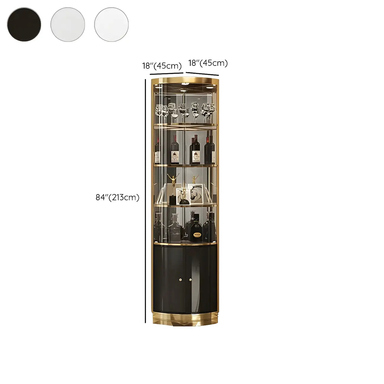 Glam Glossy Glass Gold Metal Rounded Display Corner Cabinet