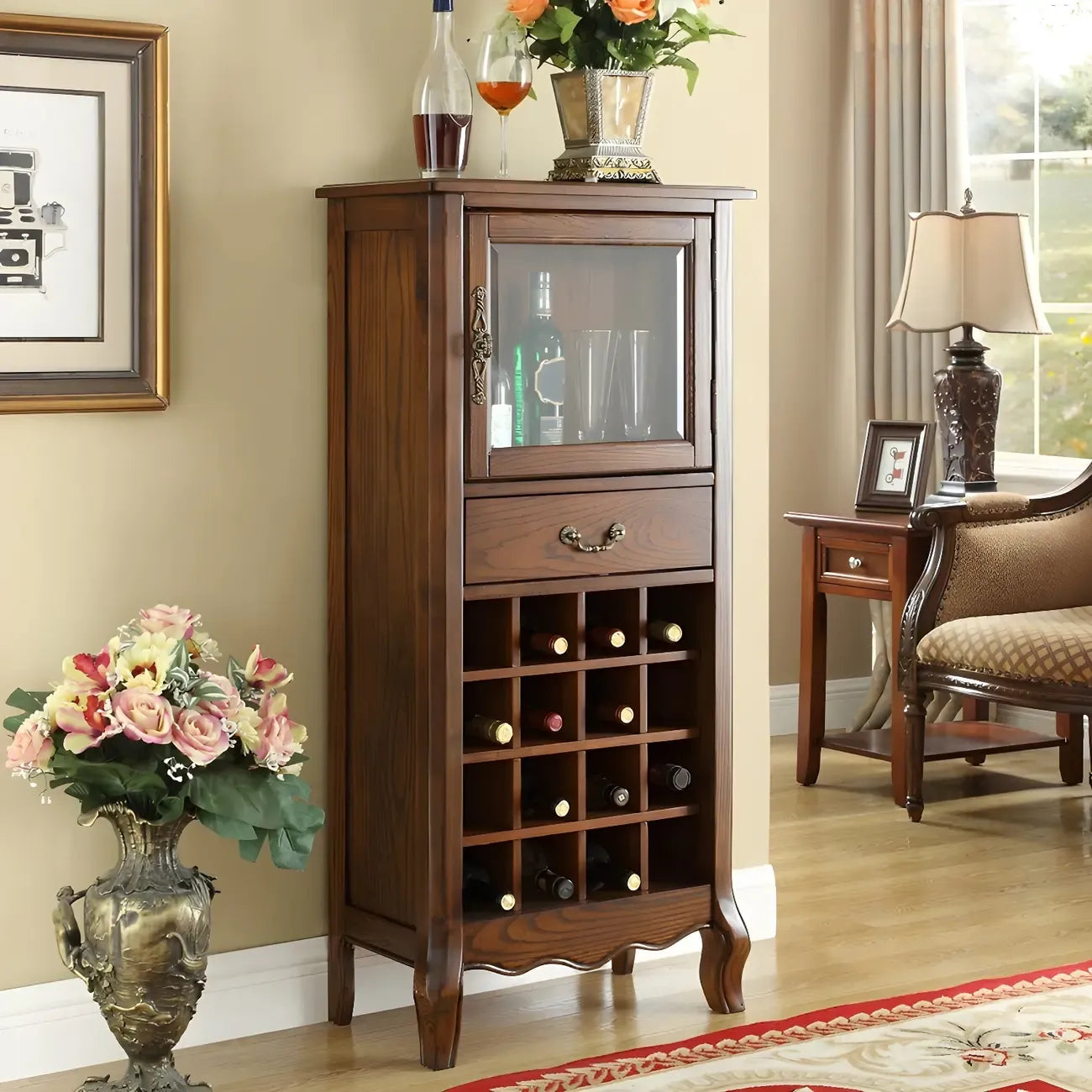 Mid-Century Modern Brown Wood Wine Cabinet with Glass Door