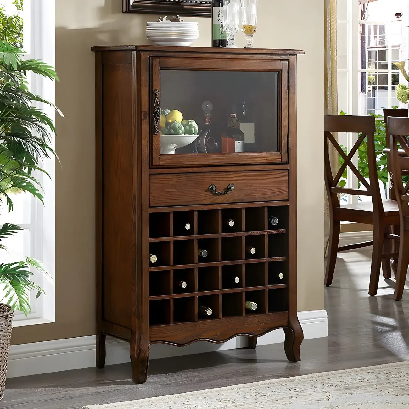 Mid-Century Modern Brown Wood Wine Cabinet with Glass Door