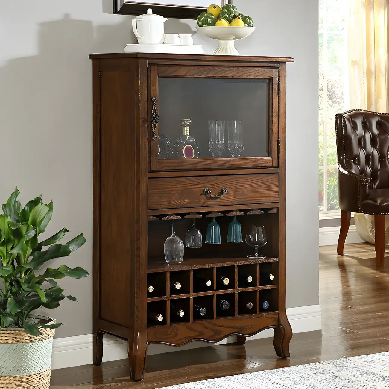 Mid-Century Modern Brown Wood Wine Cabinet with Glass Door
