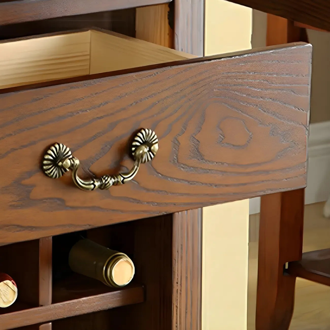 Mid-Century Modern Brown Wood Wine Cabinet with Glass Door