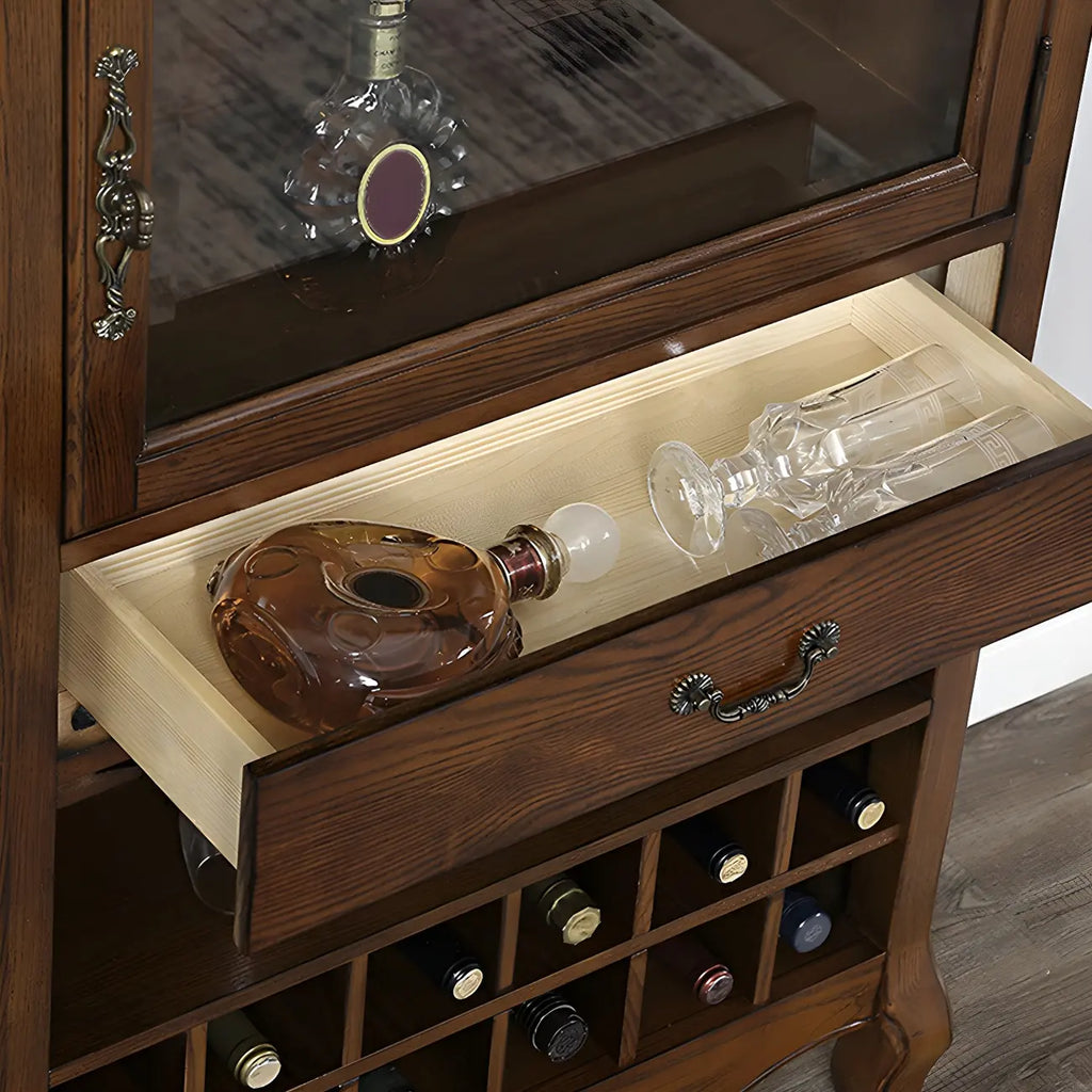Mid-Century Modern Brown Wood Wine Cabinet with Glass Door