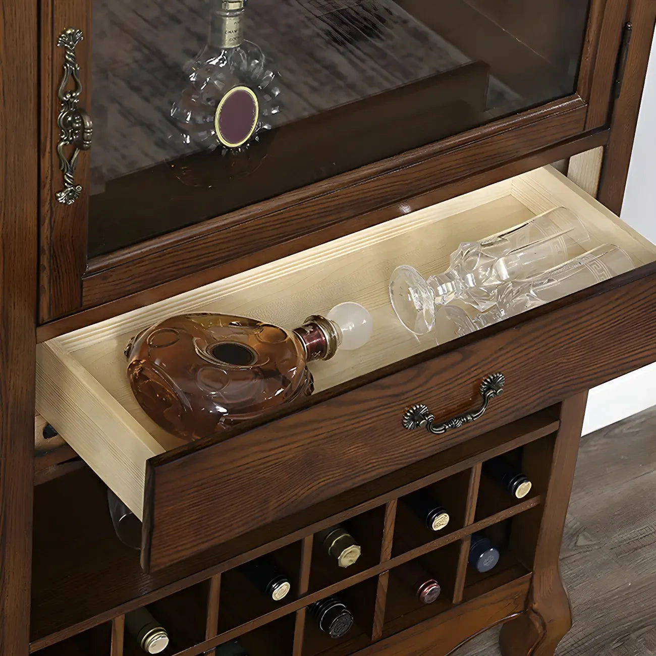 Mid-Century Modern Brown Wood Wine Cabinet with Glass Door