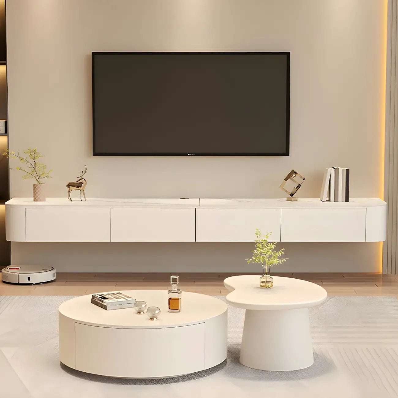 Modern Stone Floating TV Stand with Storage in White