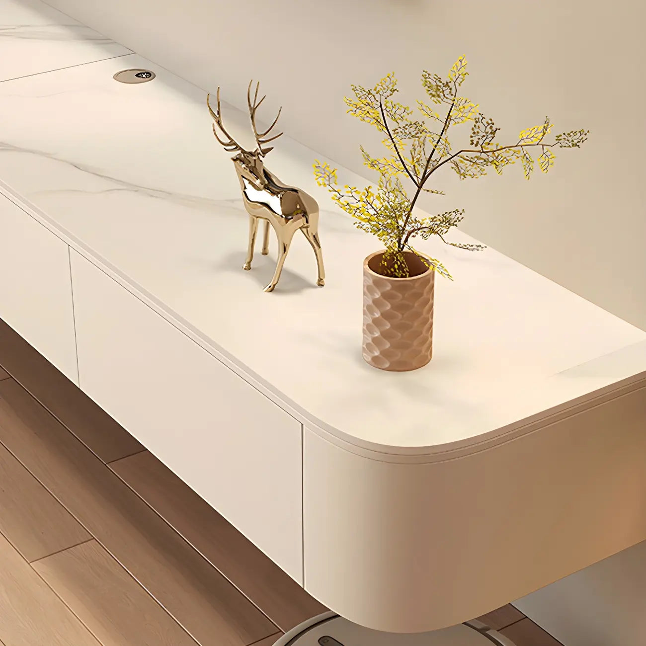 Modern Stone Floating TV Stand with Storage in White