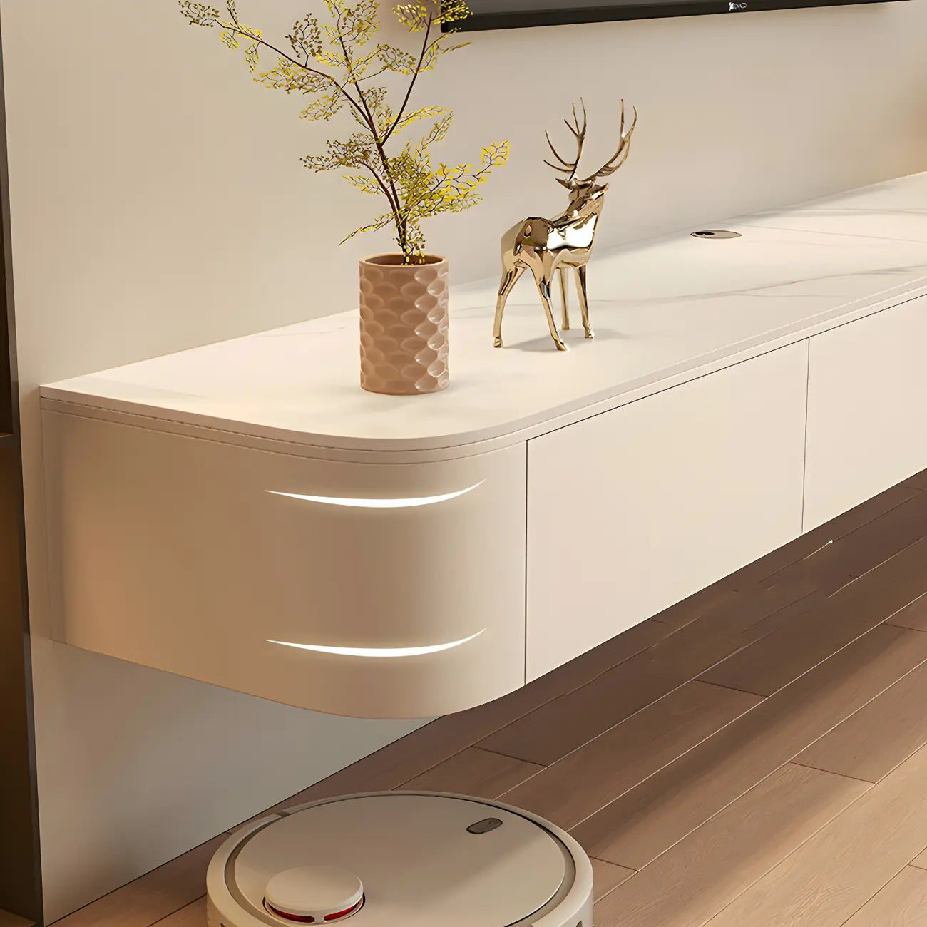 Modern Stone Floating TV Stand with Storage in White